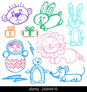Niedliche kindliche Zeichnung mit Wachsmalstiften auf weißem Hintergrund. Pastellkreide oder Bleistift lustige Doodle Stil Vektor. Zoo, Löwe, Hase, Pinguin, Kaninchen, Mous Stock Vektor