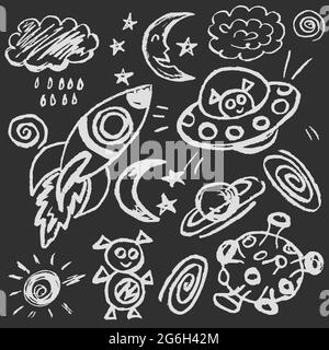 Niedliche kindliche Zeichnung mit weißer Kreide auf Tafel. Pastellkreide oder Bleistift lustige Doodle Stil Vektor. Weltraum, ufo, Rakete, Mond Stock Vektor