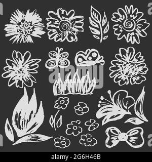 Niedliche kindliche Zeichnung mit weißer Kreide auf Tafel. Pastellkreide oder Bleistift lustige Doodle Stil Vektor. Kunstelemente, Blumen, Blätter, Bogen Stock Vektor