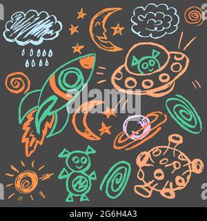 Niedliche kindliche Zeichnung mit farbiger Kreide auf grauem Hintergrund. Pastellkreide oder Bleistift lustige Doodle Stil Vektor. Weltraum, ufo, Rakete, Mond Stock Vektor