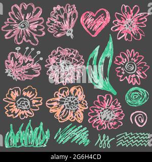 Niedliche kindliche Zeichnung mit farbiger Kreide auf grauem Hintergrund. Pastellkreide oder Bleistift lustige Doodle Stil Vektor. Kunstelemente, Blumen, Blätter, Zweig Stock Vektor