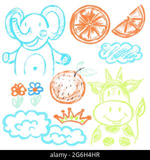 Niedliche kindliche Zeichnung mit Wachsmalstiften auf weißem Hintergrund. Pastellkreide oder Bleistift lustige Doodle Stil Vektor. Elefant, Kuh, Orangen, Wolken Stock Vektor