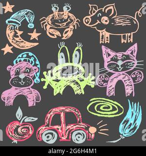 Niedliche kindliche Zeichnung mit Wachsmalstiften auf weißem Hintergrund. Pastellkreide oder Bleistift lustige Doodle Stil Vektor. Mond, Krabbe, Frosch, Bär, Katze, Auto Stock Vektor
