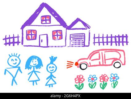 Niedliche kindliche Zeichnung mit Wachsmalstiften auf weißem Hintergrund. Pastellkreide oder Bleistift lustige Doodle Stil Vektor. Familienkomfort, Zuhause, Zaun, Auto, Flow Stock Vektor