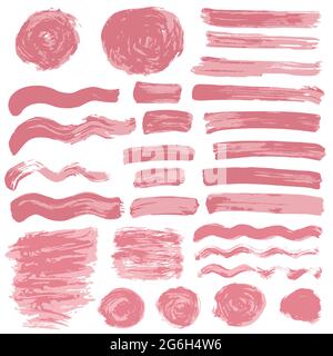 Sammlung von rosa Farbe, Tinte, Pinselstriche, Pinsel, Linien, Grungy. Wellen, Kreise, unordentliche Dekorationselemente, Rahmen auf weißem Rücken isoliert Stock Vektor
