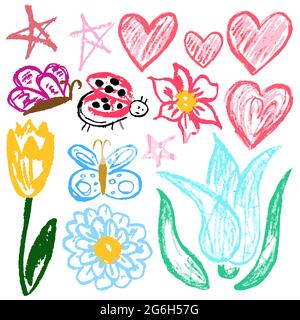 Niedliche kindliche Zeichnung mit Wachsmalstiften auf weißem Hintergrund. Pastellkreide oder Bleistift lustige Doodle Stil Vektor. Blumen, Tulpen, Herzen Stock Vektor