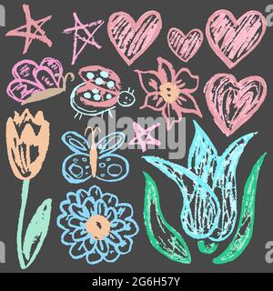 Niedliche kindliche Zeichnung mit Wachsmalstiften auf weißem Hintergrund. Pastellkreide oder Bleistift lustige Doodle Stil Vektor. Blumen, Tulpen, Herzen Stock Vektor