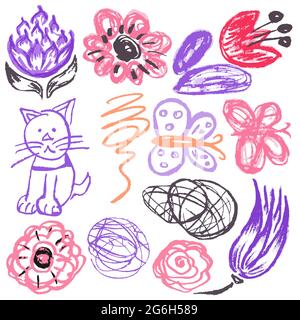 Niedliche kindliche Zeichnung mit Wachsmalstiften auf weißem Hintergrund. Pastellkreide oder Bleistift lustige Doodle Stil Vektor. Blumen, Kritzeleien, Katzen, Schmetterlinge Stock Vektor