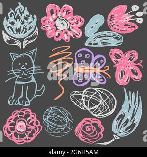 Niedliche kindliche Zeichnung mit farbiger Kreide auf grauem Hintergrund. Pastellkreide oder Bleistift lustige Doodle Stil Vektor. Blumen, Kritzeleien, Katzen, Schmetterlinge Stock Vektor