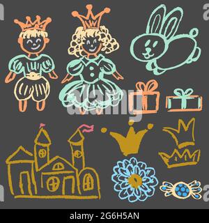 Niedliche kindliche Zeichnung mit farbiger Kreide auf grauem Hintergrund. Pastellkreide oder Bleistift lustige Doodle Stil Vektor. Schloss, Hase, König, Königin Stock Vektor