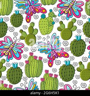 Nahtlose botanische Illustration. Tropisches Muster verschiedener Kakteen, Aloe. Schmetterling, blühende exotische Pflanzen Stock Vektor