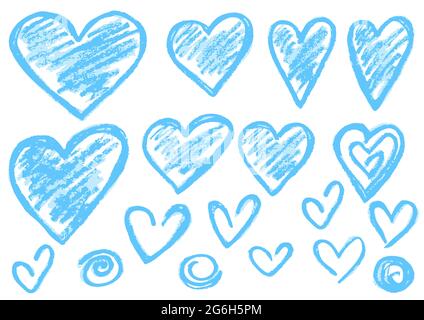 Niedliche kindliche Zeichnung mit Wachsmalstiften auf weißem Hintergrund. Pastellkreide oder Bleistift lustige Doodle Stil Vektor. Satz von Doodle Herzen Stock Vektor