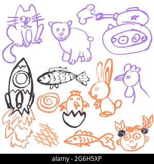 Niedliche kindliche Zeichnung mit Wachsmalstiften auf weißem Hintergrund. Pastellkreide oder Bleistift lustige Doodle Stil Vektor. Tank, Rakete, Katze, Küken Stock Vektor