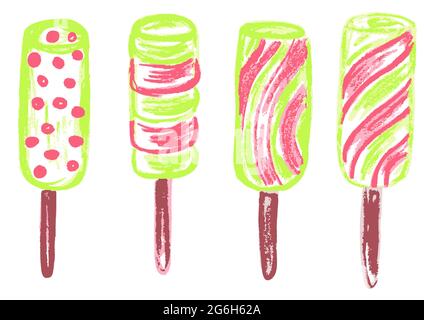 Niedliche kindliche Zeichnung mit Wachsmalstiften auf weißem Hintergrund. Pastellkreide oder Bleistift lustige Doodle Stil Vektor. Set von sommerlichen kalten Süßigkeiten. Eis, Stock Vektor