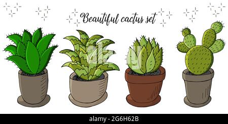 Niedliche Vektorgrafik. Set von Cartoon-Bildern von Kakteen in Blumentöpfen. Kakteen, Aloe, Sukkulenten in einer kreativen Sammlung. Druckstift, Abzeichen, Aufkleber. Stock Vektor