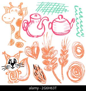 Niedliche kindliche Zeichnung mit Wachsmalstiften auf weißem Hintergrund. Pastellkreide oder Bleistift lustige Doodle Stil Vektor. Eichhörnchen, Giraffe, Teekannen, Zikelett Stock Vektor
