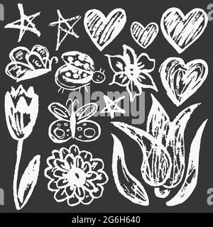 Niedliche kindliche Zeichnung mit Wachsmalstiften auf weißem Hintergrund. Pastellkreide oder Bleistift lustige Doodle Stil Vektor. Blumen, Tulpen, Herzen Stock Vektor