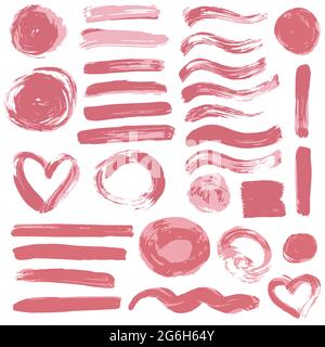 Sammlung von rosa Farbe, Tinte, Pinselstriche, Pinsel, Linien, Grungy. Wellen Kreise Dekoration Elemente Boxen Rahmen Stock Vektor