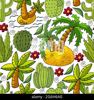 Nahtlose botanische Illustration. Tropisches Muster verschiedener Kakteen, Aloe, exotischer Tiere. Palmen, bunte Blumen Stock Vektor