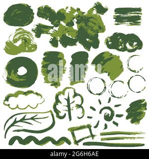 Sammlung von grüner Farbe, Tinte, Pinselstriche, Pinsel, Linien, Grungy. Wellen, Kreise schmutzige Elemente der Dekoration Boxen Stock Vektor