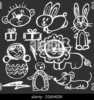 Niedliche kindliche Zeichnung mit weißer Kreide auf Tafel. Pastellkreide oder Bleistift lustige Doodle Stil Vektor Stock Vektor