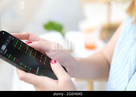 Weibliche Hand mit Smartphone Aktien online im Coffee Shop Business Concept handeln Stockfoto