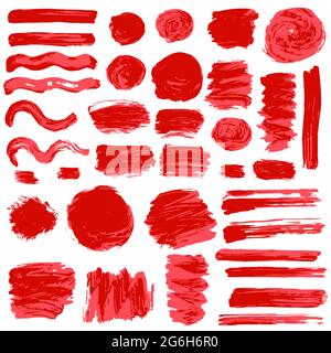 Sammlung von roter Tinte, Tinte, Pinselstriche, Pinsel, Linien, Grungy. Wellen, chaotische Dekorationselemente, Boxen, Rahmen Vektor isoliert über weißem Backgrou Stock Vektor