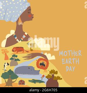Happy Mother Earth Day mit afrikanischer Frau, die Savannah und Tiere hält Stock Vektor
