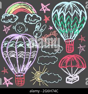 Niedliche kindliche Zeichnung mit farbiger Kreide auf grauem Hintergrund. Pastellkreide oder Bleistift lustige Doodle Stil Vektor. Set von Ballons, Fallschirm, Wolken Stock Vektor