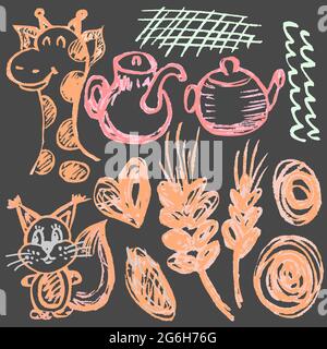 Niedliche kindliche Zeichnung mit farbiger Kreide auf grauem Hintergrund. Pastellkreide oder Bleistift lustige Doodle Stil Vektor. Eichhörnchen, Giraffe, Teekannen, Zikelett Stock Vektor