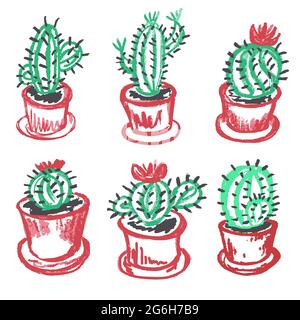 Niedliche kindliche Zeichnung mit Wachsmalstiften auf weißem Hintergrund. Pastellkreide oder Bleistift lustige Doodle Stil Vektor. Kaktus blühende Blumentöpfe Stock Vektor