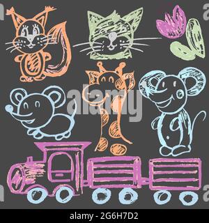 Niedliche kindliche Zeichnung mit farbiger Kreide auf grauem Hintergrund. Pastellkreide oder Bleistift lustige Doodle Stil Vektor. Eichhörnchen, Giraffe, Katze, Maus, Zug Stock Vektor