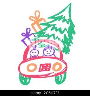 Niedliche kindliche Zeichnung mit Wachsmalstiften auf weißem Hintergrund. Pastellkreide oder Bleistift lustige Doodle Stil Vektor. Weihnachtsauto, Familie, Weihnachtsbaum, Stock Vektor