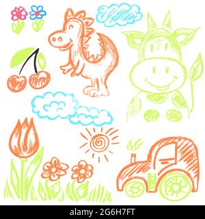 Niedliche kindliche Zeichnung mit Wachsmalstiften auf weißem Hintergrund. Pastellkreide oder Bleistift lustige Doodle Stil Vektor. Kuh, Dinosaurier, Blumen, Traktor Stock Vektor