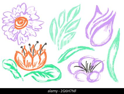 Niedliche kindliche Zeichnung mit Wachsmalstiften auf weißem Hintergrund. Pastellkreide oder Bleistift lustige Doodle Stil Vektor. Blumenkunst Elemente, Blätter, Blumen, Stock Vektor