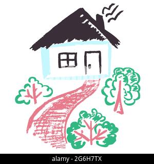 Niedliche kindliche Zeichnung mit Wachsmalstiften auf weißem Hintergrund. Pastellkreide oder Bleistift lustige Doodle Stil Vektor. Haus, Hitze, Büsche, Straße Stock Vektor