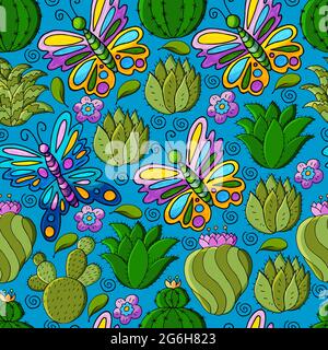 Nahtlose botanische Illustration. Tropisches Muster verschiedener Kakteen, Aloe, exotischer Tiere. Schmetterlinge, Blumen Stock Vektor