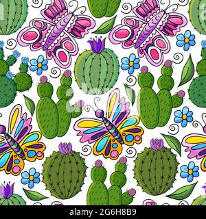 Nahtlose botanische Illustration. Tropisches Muster verschiedener Kakteen, Aloe, exotischer Tiere. Schmetterlinge, bunte Blumen, Blätter Stock Vektor