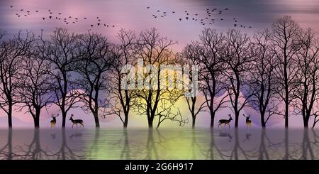 3d Moderne Kunst Wandbild Landschaft Tapete mit dunklen Dschungel, Wald Hintergrund. Schwarze weihnachtsbäume, Mond mit weißen Vögeln und Hirsch. Geeignet für Stockfoto