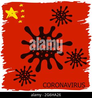 Coronavirus in China. Neuartiges Coronavirus (2019-nCoV), roter Hintergrund mit Sternen und Farben der chinesischen Flagge. Konzept der Coronavirus-Quarantäne. Black Co Stock Vektor