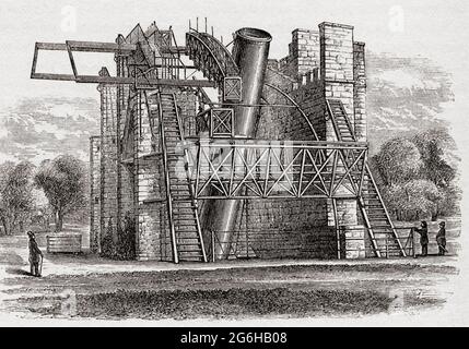 Der Leviathan von Parsonstown, das 72-Zoll-Teleskop von William Parsons, 3. Earl of Rosse, im Jahr 1845 gebaut. Es befand sich in Birr Castle, Parsonstown, County Offaly, Irland und war das größte Teleskop, das im 19. Jahrhundert gebaut wurde. Parsonstown ist jetzt als Birr bekannt. Das Teleskop kann immer noch im irischen Historic Science Center im Birr Castle gesehen werden. Aus dem Universum oder, das unendlich große und das unendlich kleine, veröffentlicht 1882. Stockfoto