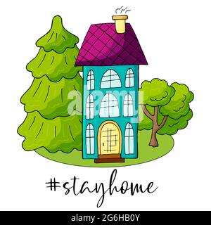 Kampagne „Stay at Home“ zur Sensibilisierung für soziale Medien zur Prävention von Coronaviren (COVID-19). Ausbruch des Coronavirus. Hashtag und Text bleiben zu Hause. Lifestyle-Aktivität Stock Vektor