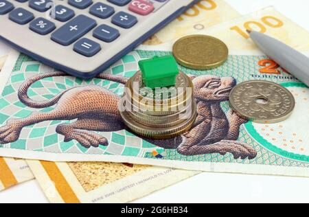 Ein Spielzeughaus, das auf dänischen Kronerscheinen sitzt, mit Münzen und einem Taschenrechner. Ein Foto, das die dänischen Hauskosten und die Finanzierung zeigt. Stockfoto