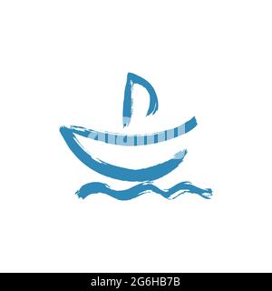 Schiff, Symbol für Segelboot. Handzeichnung Farbe, Pinselzeichnung. Isoliert auf weißem Hintergrund. Symbol für den Doodle-Grunge-Stil. Umriss, Cartoon-Illustration Stock Vektor