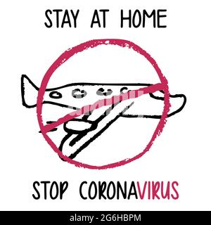 COVID-19 verhindern. Kinderzeichnung mit Wachsmalstiften. Bleiben Sie zu Hause. Coronavirus Pandemie Selbstisolierung, Gesundheitsversorgung. Reisen Sie nicht mehr zu Risikoorten Stock Vektor