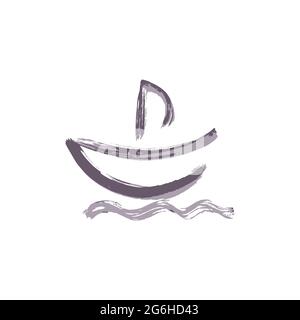 Handzeichnung Farbe, Pinselzeichnung. Isoliert auf weißem Hintergrund. Symbol für den Doodle-Grunge-Stil. Umriss, Liniensymbol, Cartoon-Illustration. Symbol für Segelboot Stock Vektor