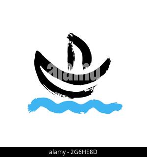 Schiffssymbol. Handzeichnung Farbe, Pinselzeichnung. Isoliert auf weißem Hintergrund. Symbol für den Doodle-Grunge-Stil. Umriss, Liniensymbol, Cartoon-Illustration Stock Vektor