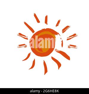 Sonnensymbol. Handzeichnung Farbe, Pinselzeichnung. Isoliert. Symbol für den Doodle-Grunge-Stil Stock Vektor