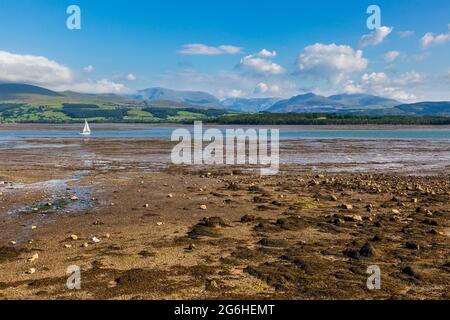 Ebbe auf der Menai Strait mit den Snowdonia Mountains im Hintergrund, Anglesey, Nordwales Stockfoto