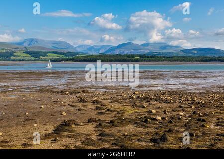 Ebbe auf der Menai Strait mit den Snowdonia Mountains im Hintergrund, Anglesey, Nordwales Stockfoto